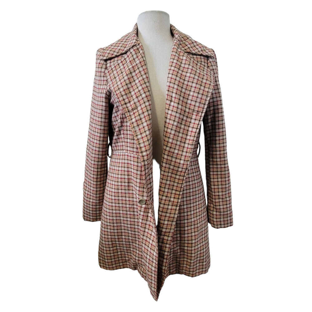 Nicole by Nicole Miller Plaid Checkered Button Front Tie Waist Peakcoat Jacket